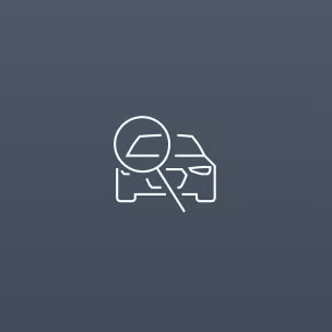 Simple line drawing of a car with a magnifying glass over its side, focusing on the window. The background is light grey, conveying inspection.