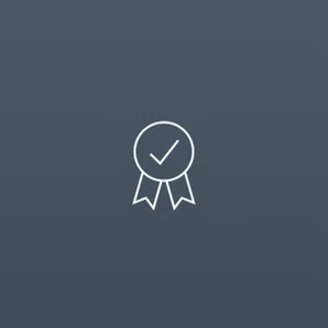 A minimalist badge icon shows a circular emblem with a check mark inside and two ribbon tails below, symbolising approval or certification on a pale grey background.